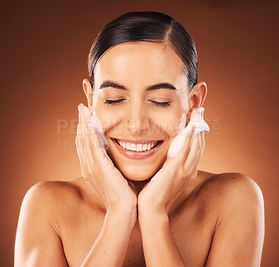 Buy stock photo Foam, skincare and woman face for cosmetics cleaning, wellness and glow with smile in studio mockup. Happy, young and beauty girl or model with facial wash soap for dermatology skin care and benefits