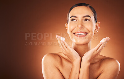 Buy stock photo Skincare, beauty and woman with soap in studio on brown background for luxury spa, wellness and facial cleanse. Cleaning, cosmetics and girl with lotion, foam and cream on hands for face or body care