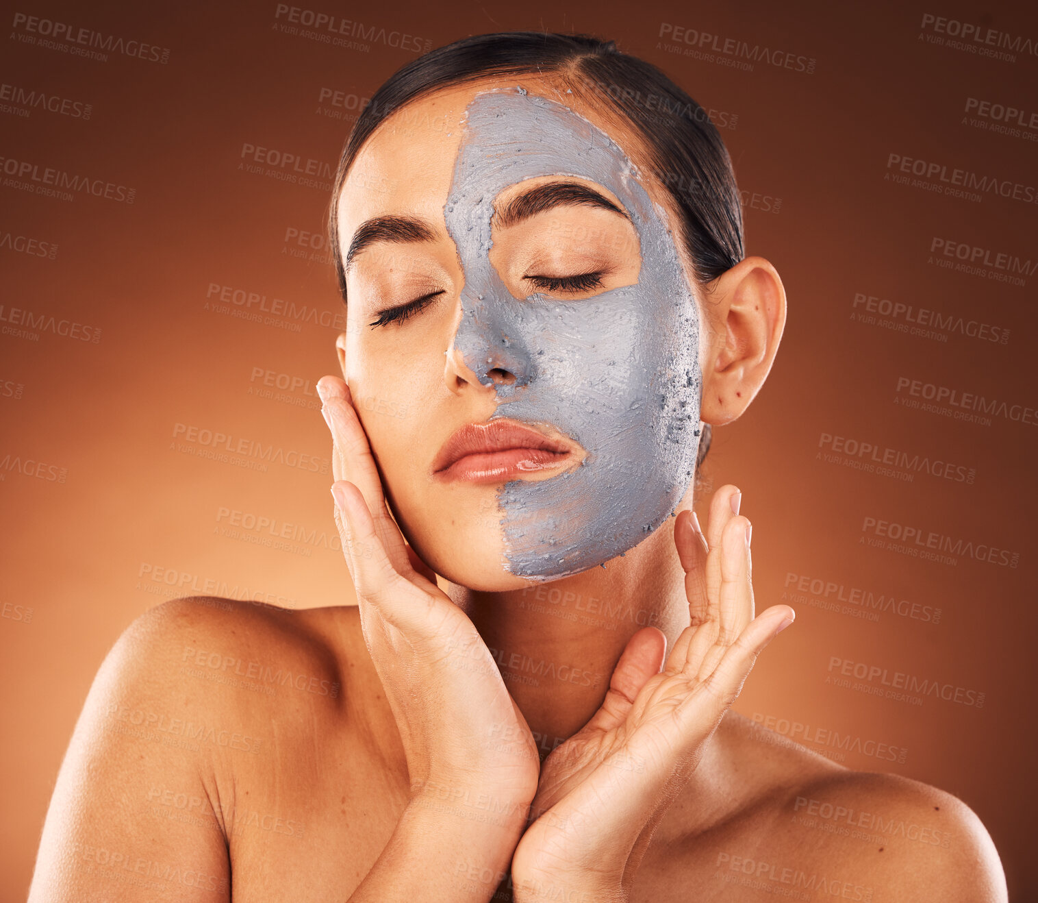 Buy stock photo Skincare face, woman and mask for beauty, charcoal cosmetics cleaning and skin wellness treatment. Healthy face mask, natural facial dermatology and luxury spa makeup in orange studio background