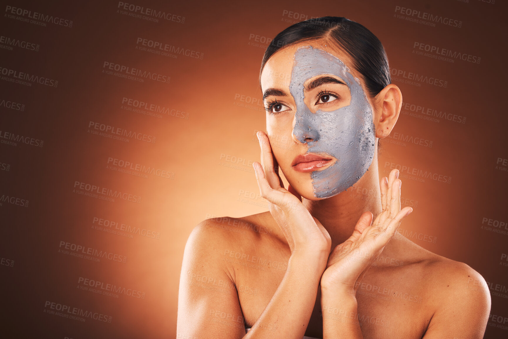 Buy stock photo Beauty, charcoal mask with facial and woman in natural cosmetics mockup, hands frame face with skincare against studio background. Skin, treatment and detox, cosmetic product and glow with wellness.