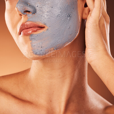 Buy stock photo Facial mask, skincare and beauty of a woman face doing self care, health and wellness for skin. Face cleaning, dermatology and relax cosmetic cream of a model doing luxury clay product treatment