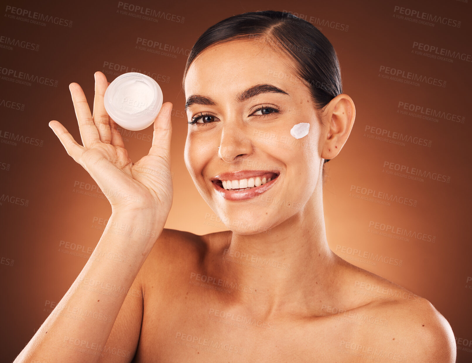 Buy stock photo Cream, skincare and beauty woman in studio portrait for cosmetics product promotion, marketing and advertising. Model headshot or face for skin care serum glow or shine results in dermatology mockup