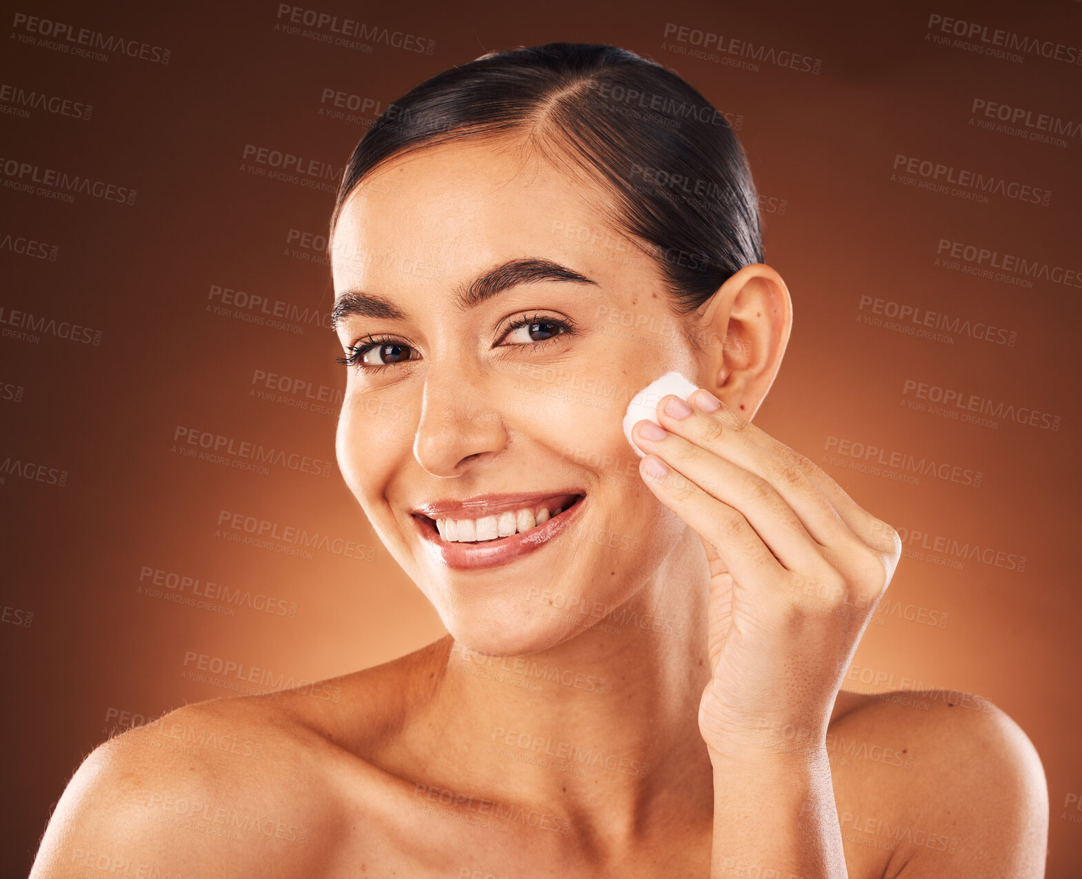 Buy stock photo Beauty portrait, skincare and cotton pad of a woman cleaning face for healthy skin glow and wellness. Cosmetics, facial wash and self care of a model doing dermatology, body care and morning routine