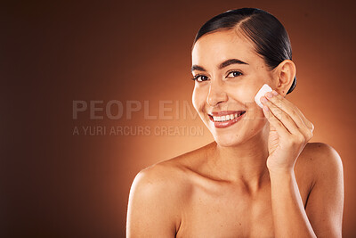 Buy stock photo Beauty, skincare and cotton pad of a woman face portrait with makeup remover and facial. Cosmetics, self care and wellness of dermatology, skin glow and happiness of a model with cosmetic product
