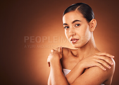 Buy stock photo Beauty, skin and woman from Brazil with mockup calm about skincare, wellness and cosmetic glow. Facial, clean cosmetics and natural body shine treatment of a model after self care or spa care
