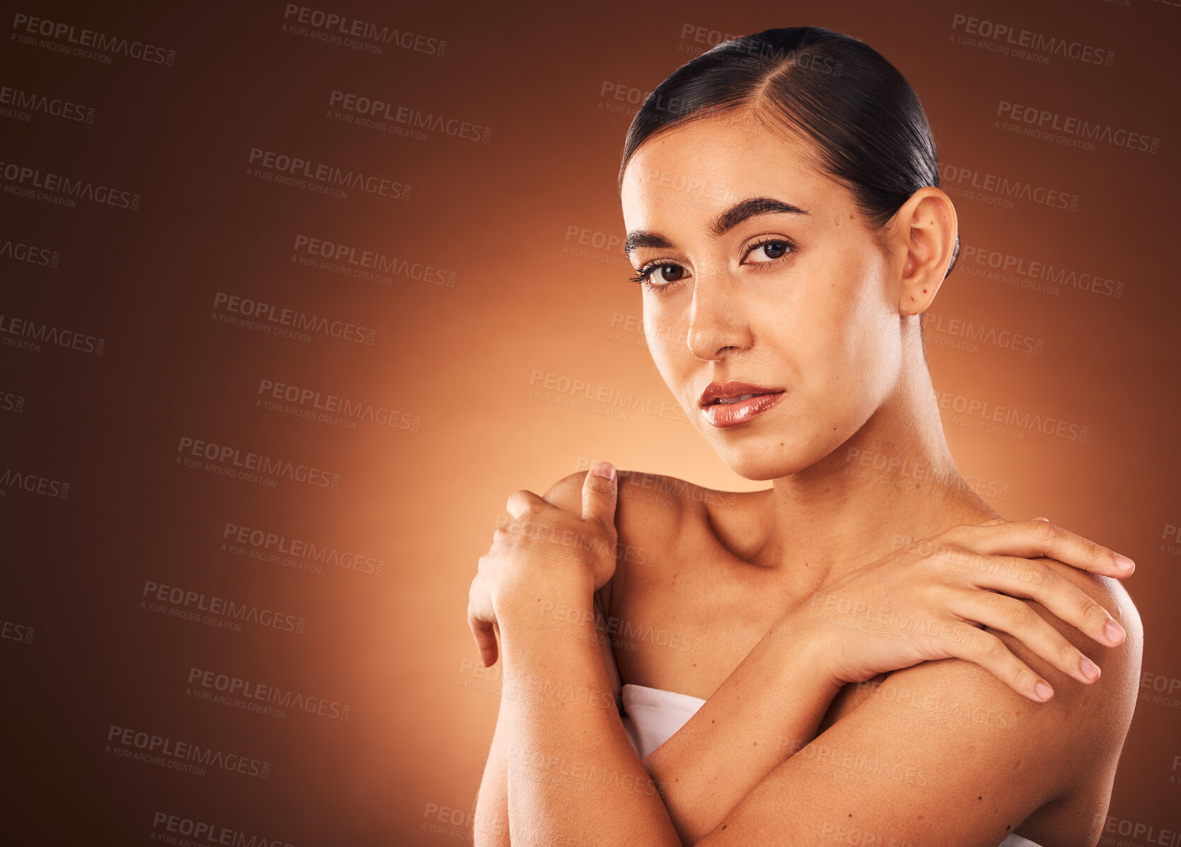 Buy stock photo Beauty, skin and woman from Brazil with mockup calm about skincare, wellness and cosmetic glow. Facial, clean cosmetics and natural body shine treatment of a model after self care or spa care