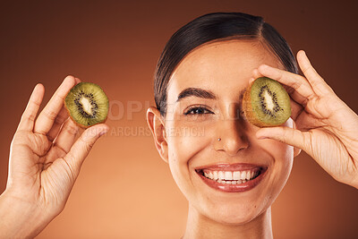 Buy stock photo Skincare, beauty and portrait of woman with kiwi for natural, organic and natural beauty product for skin. Luxury spa, wellness and face of girl with fruit for cosmetics, facial and skincare products