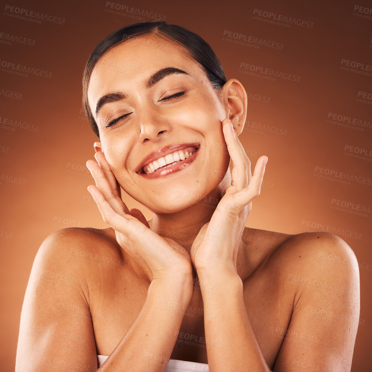 Buy stock photo Beauty, face and skincare with smile on woman for natural cosmetics and glow against studio background. Facial, treatment and make up with skin care mock up for healthy skin wellness and cosmetic.