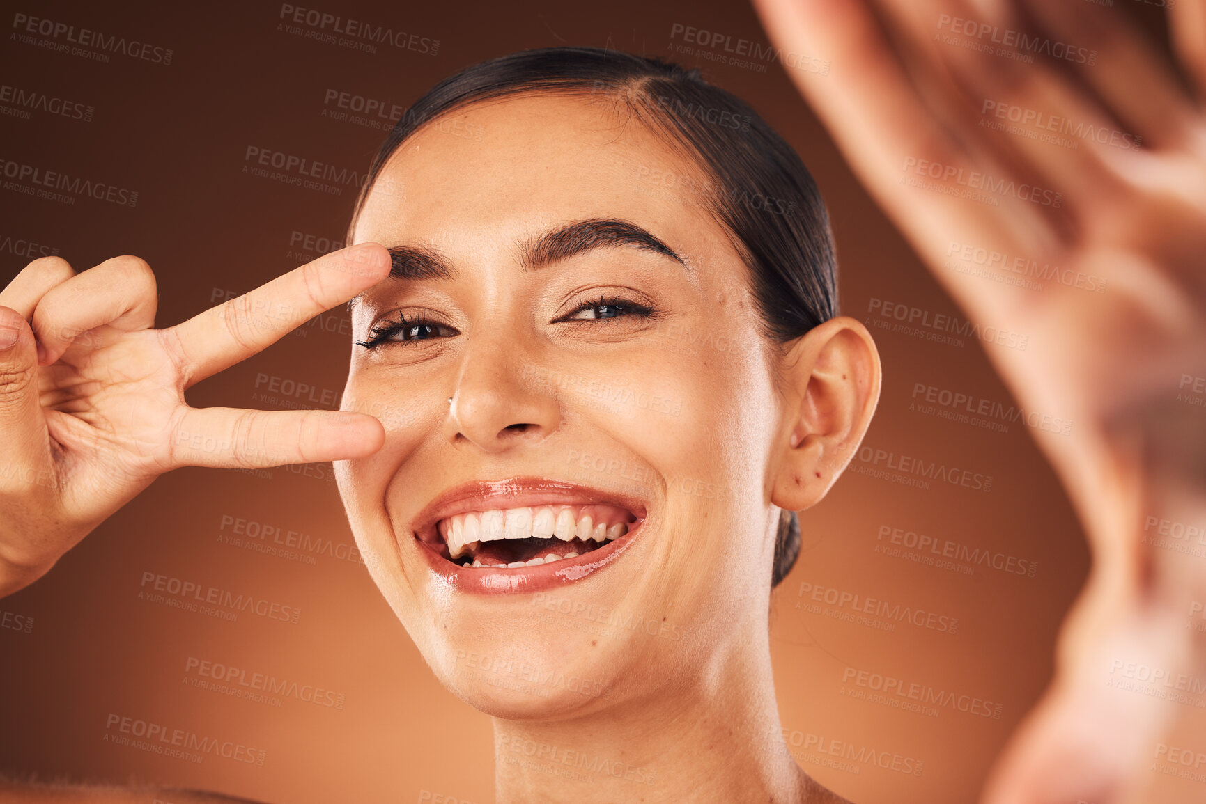 Buy stock photo Happy, selfie and woman with peace sign, smile on face and studio background for marketing or advertising. Beauty, skincare and happy woman taking self portrait, excited celebration healthy lifestyle