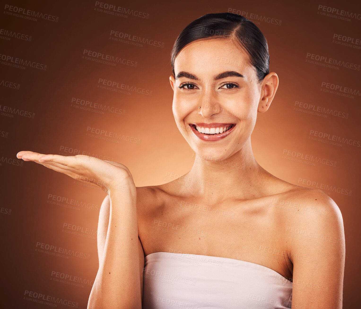 Buy stock photo Portrait, woman or hand for beauty skincare marketing, advertising or face product placement with mockup space. Deal, makeup and happy girl model smiles with facial cosmetics with studio background