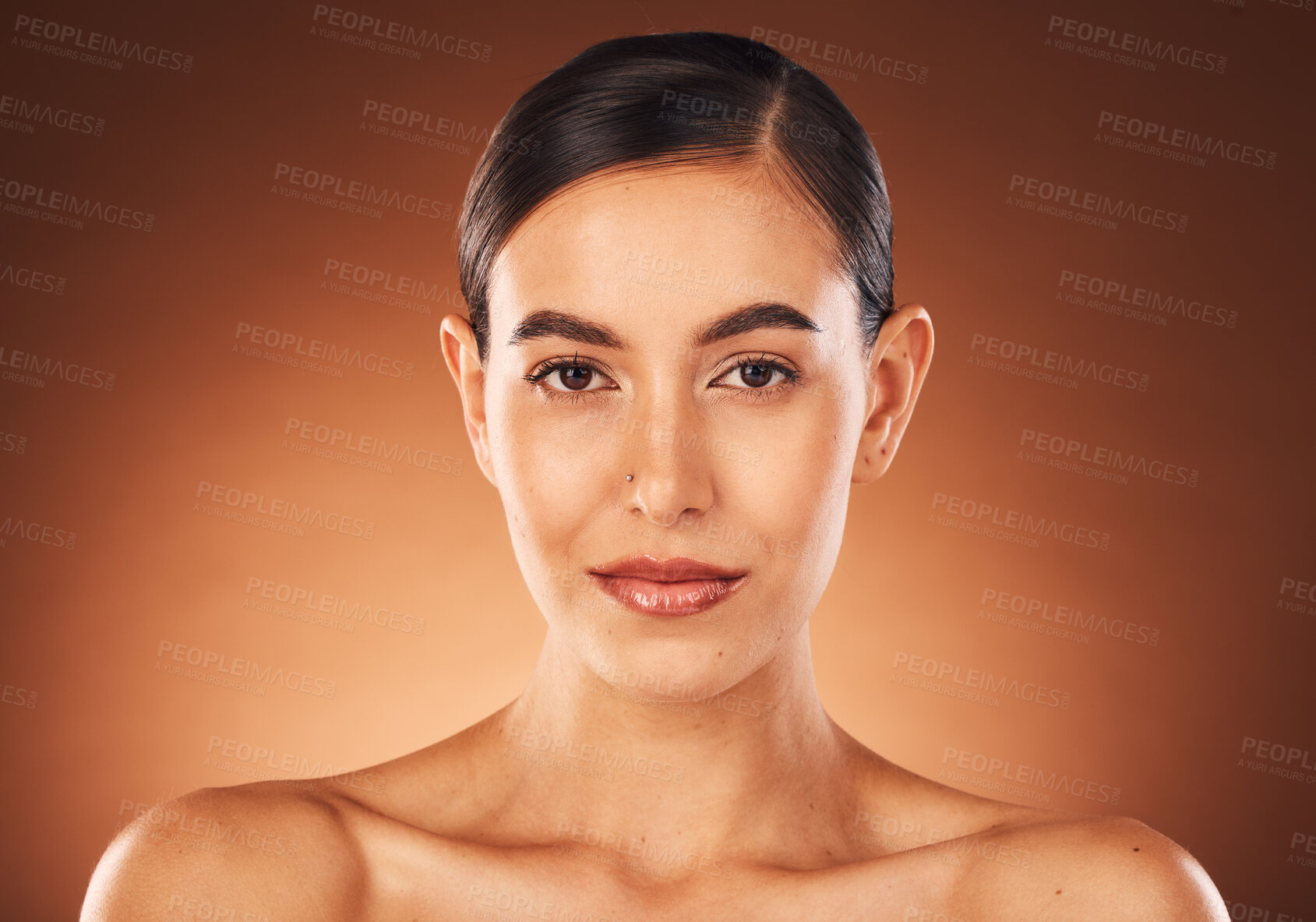 Buy stock photo Skincare, beauty and face portrait of Latin woman for luxury spa, wellness and dermatology in studio. Cosmetics, makeup and girl pose for beauty products, skincare products and facial treatment