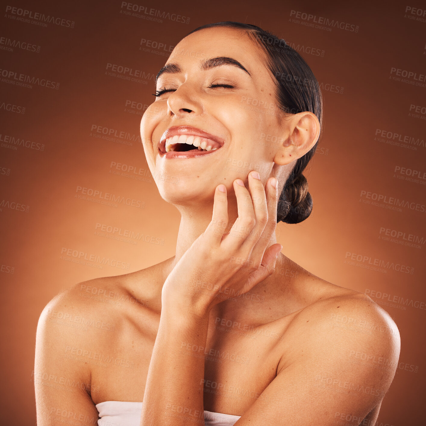 Buy stock photo Woman beauty, face and skincare makeup, happy smile and cosmetics advertising in brown studio background. Facial wellness, happiness model and relax with self care, cosmetic and healthy skin product