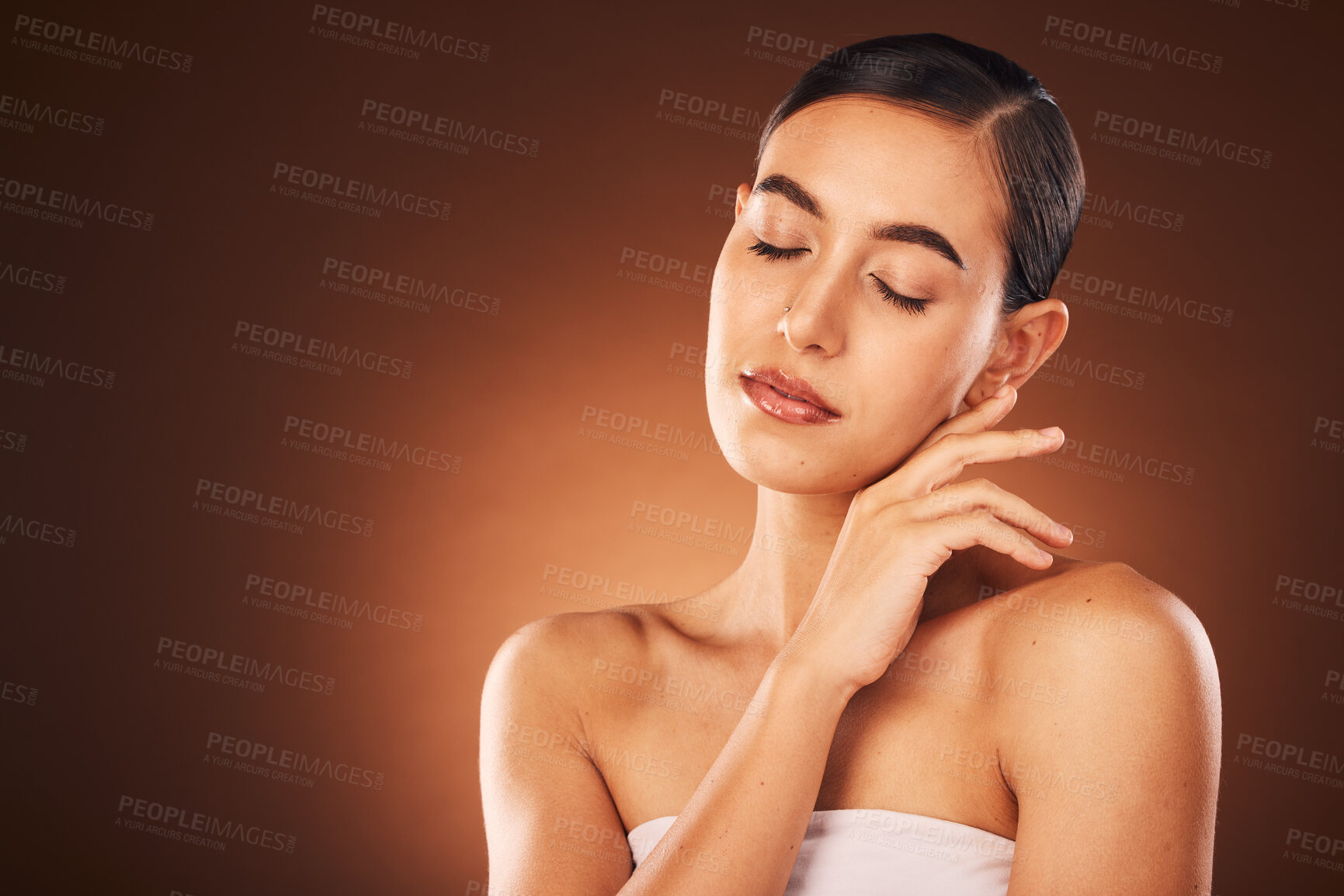Buy stock photo Woman, face and skincare beauty with closed eyes for spa cosmetics wellness, luxury makeup and body care cosmetology in studio. Young model, natural facial care and skin glow or dermatology headshot