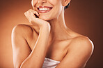 Skincare, beauty and woman with a smile for a glow, cosmetic marketing and brown studio background. Relax, wellness and happy model advertising spa healthcare, dermatology and luxury skin cleaning