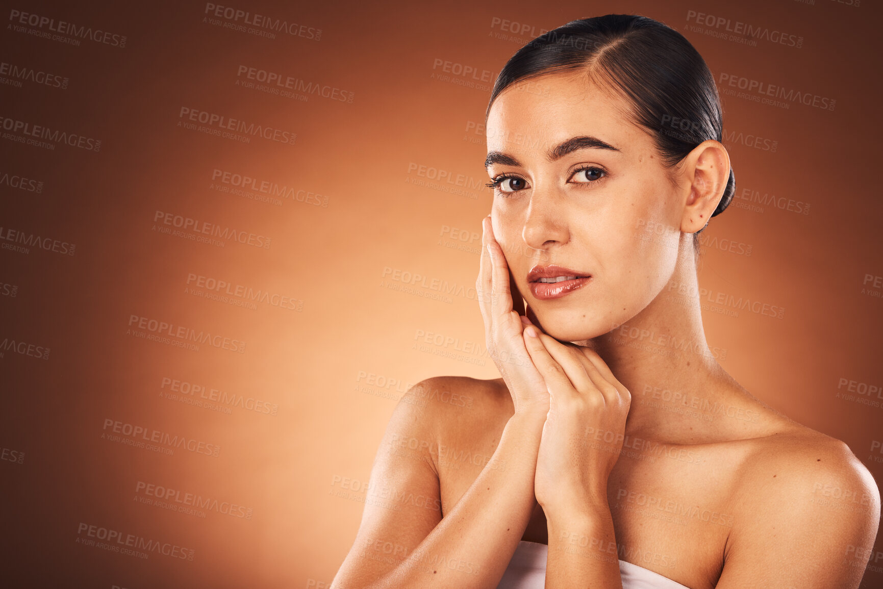 Buy stock photo Woman, beauty and portrait with mockup, makeup and healthy skincare for facial, shine or glow on studio background. Model, clean face and aesthetic dermatology, self care and cosmetics transformation