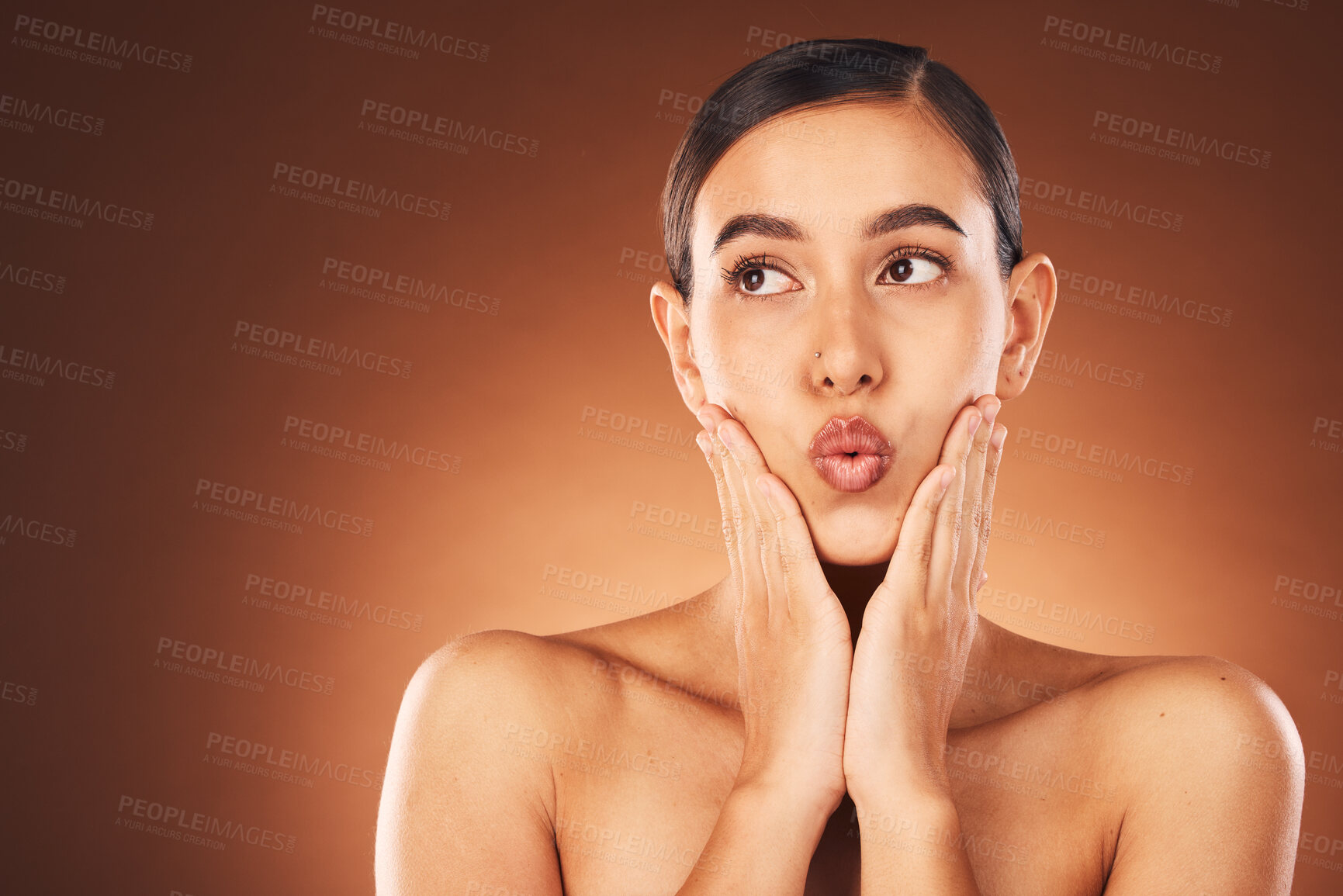 Buy stock photo Skincare, wellness and face of woman in studio with a clean, healthy and natural skin treatment. Health, beauty and model with a cosmetic facial routine isolated by brown background with mockup space