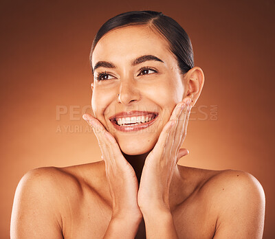 Beauty, happy and woman excited about skincare, glow and skin with cosmetics, makeup ad dermatology treatment on studio background. Aesthetic female hands on face for health, wellness and happiness