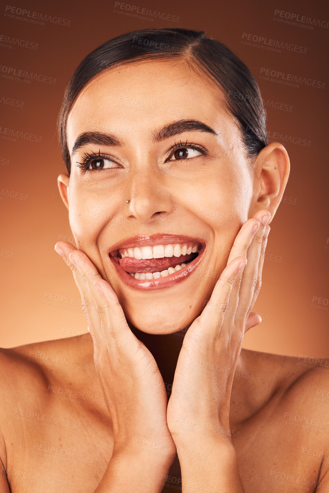 Buy stock photo Skincare, beauty and woman, tongue out and face, natural makeup and cosmetics, wellness and self care on studio background. Happy model, smile and clean teeth whitening, aesthetics and healthy skin 