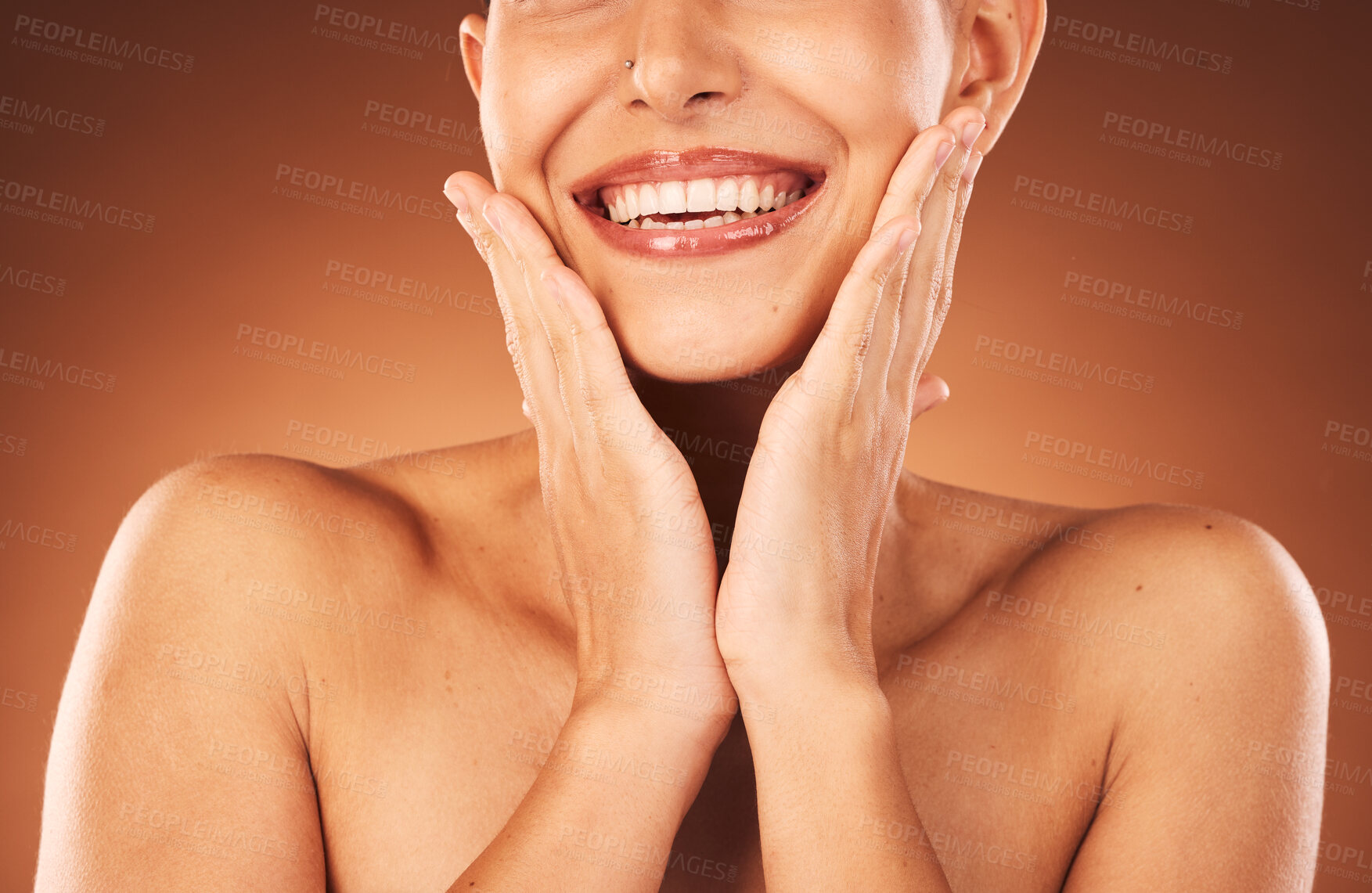 Buy stock photo Beauty, skincare and teeth, woman hands touching face for facial and cosmetics against studio background. Dental, lips and teeth whitening with veneers, wellness and cosmetic treatment with botox.