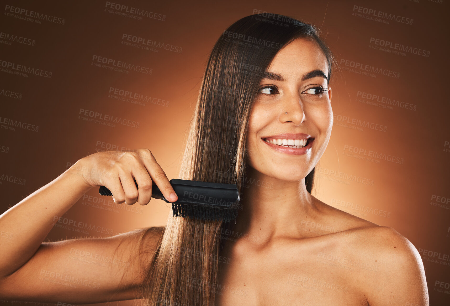 Buy stock photo Hair care, happy and woman brushing hair, beauty smile and luxury salon against a brown studio background. Thinking, cosmetic shine and model with hair salon comb and hairdresser styling idea