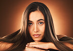 Hair, face and woman in hair care and beauty portrait with keratin treatment, shine and glow with healthy skin and skincare mockup. Hairstyle, facial and cosmetics with natural  makeup and wellness.