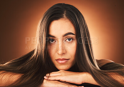 Buy stock photo Hair, face and woman in hair care and beauty portrait with keratin treatment, shine and glow with healthy skin and skincare mockup. Hairstyle, facial and cosmetics with natural  makeup and wellness.