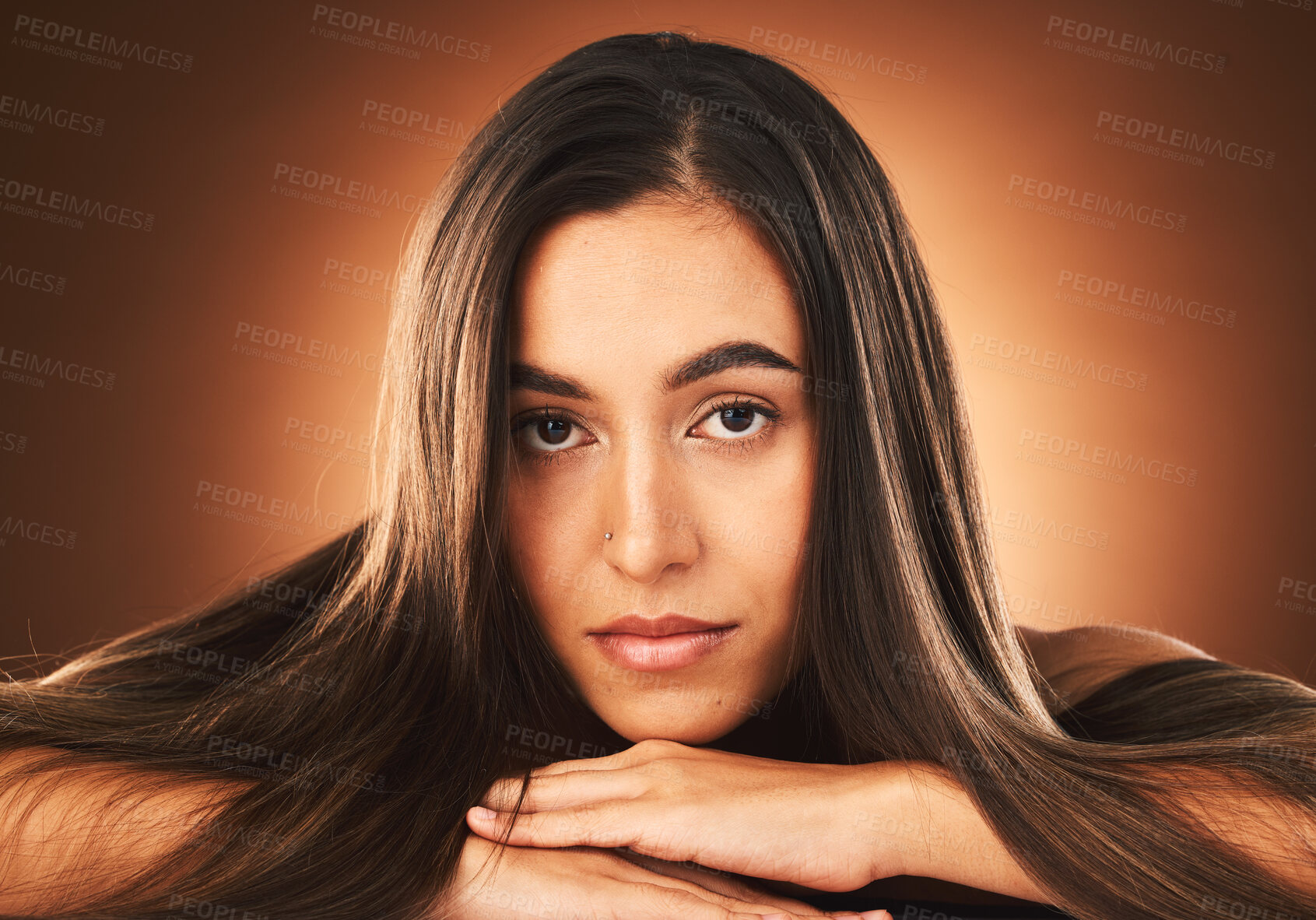 Buy stock photo Hair, face and woman in hair care and beauty portrait with keratin treatment, shine and glow with healthy skin and skincare mockup. Hairstyle, facial and cosmetics with natural  makeup and wellness.