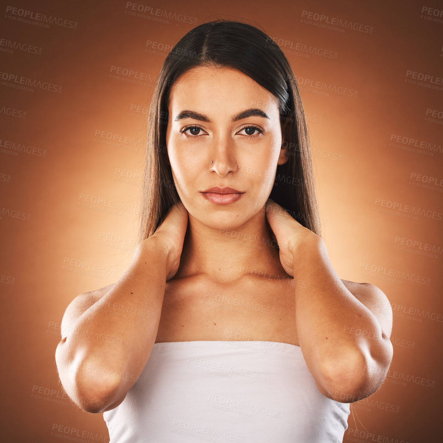 Buy stock photo Beauty, skin and hair with face and woman in skincare, hair care and facial cosmetic portrait against orange studio background. Natural, cosmetics and glow with makeup shine and wellness mock up.