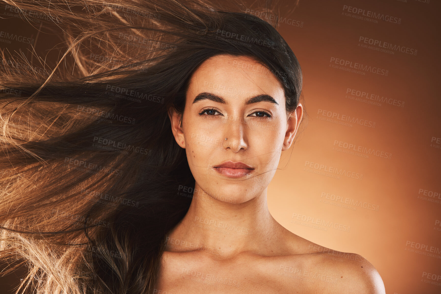 Buy stock photo Hair care, beauty and portrait of woman in studio with healthy, long and straight hair style. Health, wellness and face of girl model with keratin or botox hair treatment isolated by brown background