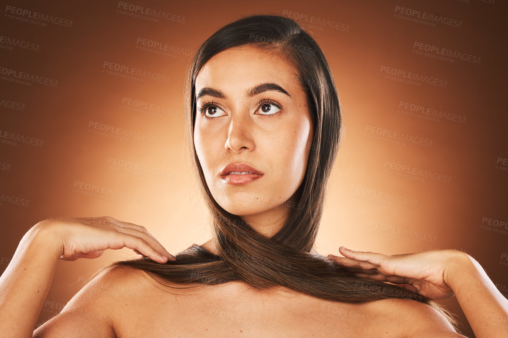 Buy stock photo Hair care, beauty and woman in studio for wellness, health and natural hair treatment. Salon, luxury and model from Mexico with a keratin, brazilian or botox for healthy hairstyle by brown background