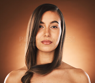 Buy stock photo Woman, face skincare or hair style on orange background in studio or keratin marketing, Brazilian treatment advertising or self care. Portrait, beauty model or brunette salon color on mockup backdrop