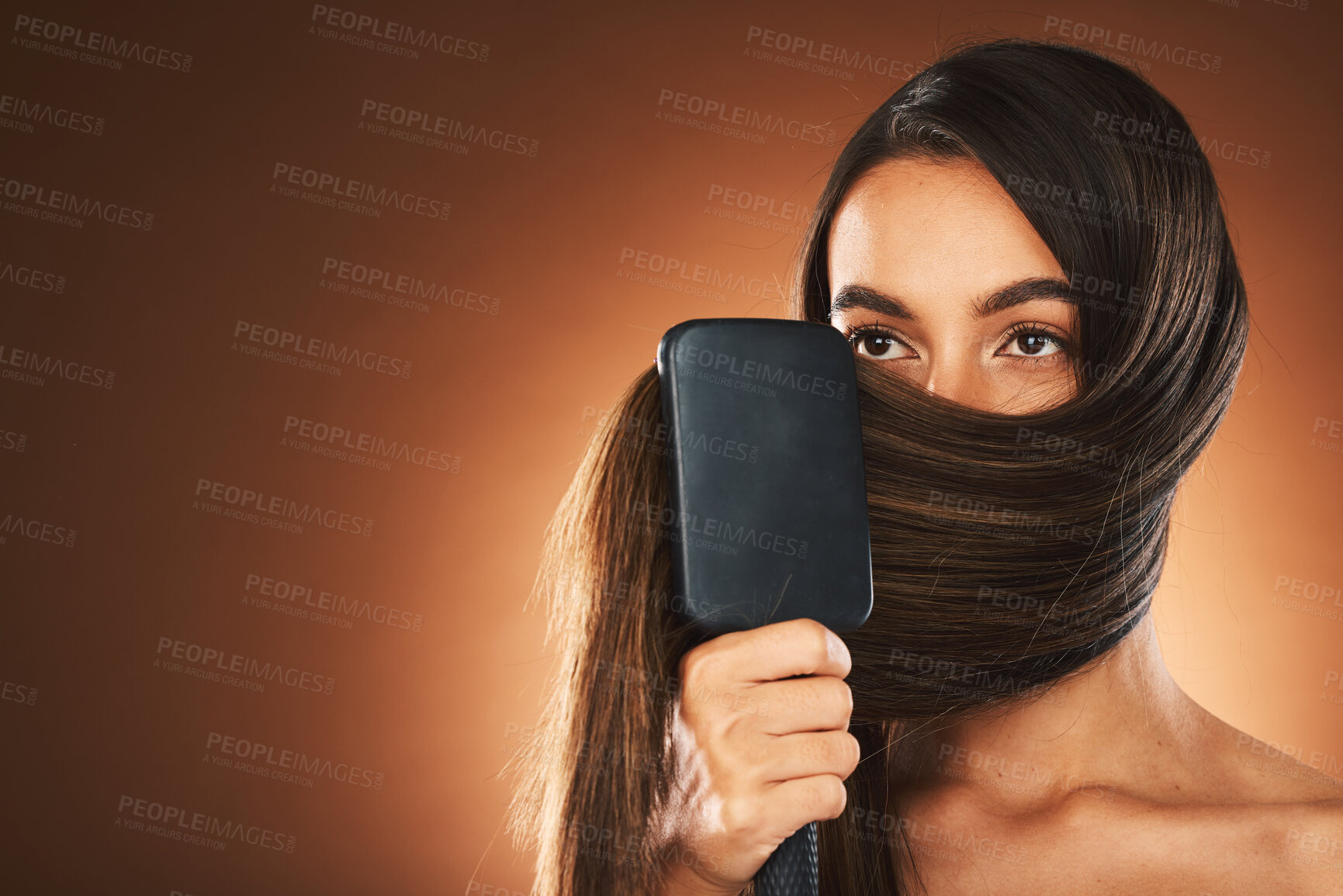 Buy stock photo Hair care, salon and woman brushing hair, beauty glow and mockup space against brown studio background. Luxury shine, clean and model with a brush for hairdresser styling and advertising with mock up