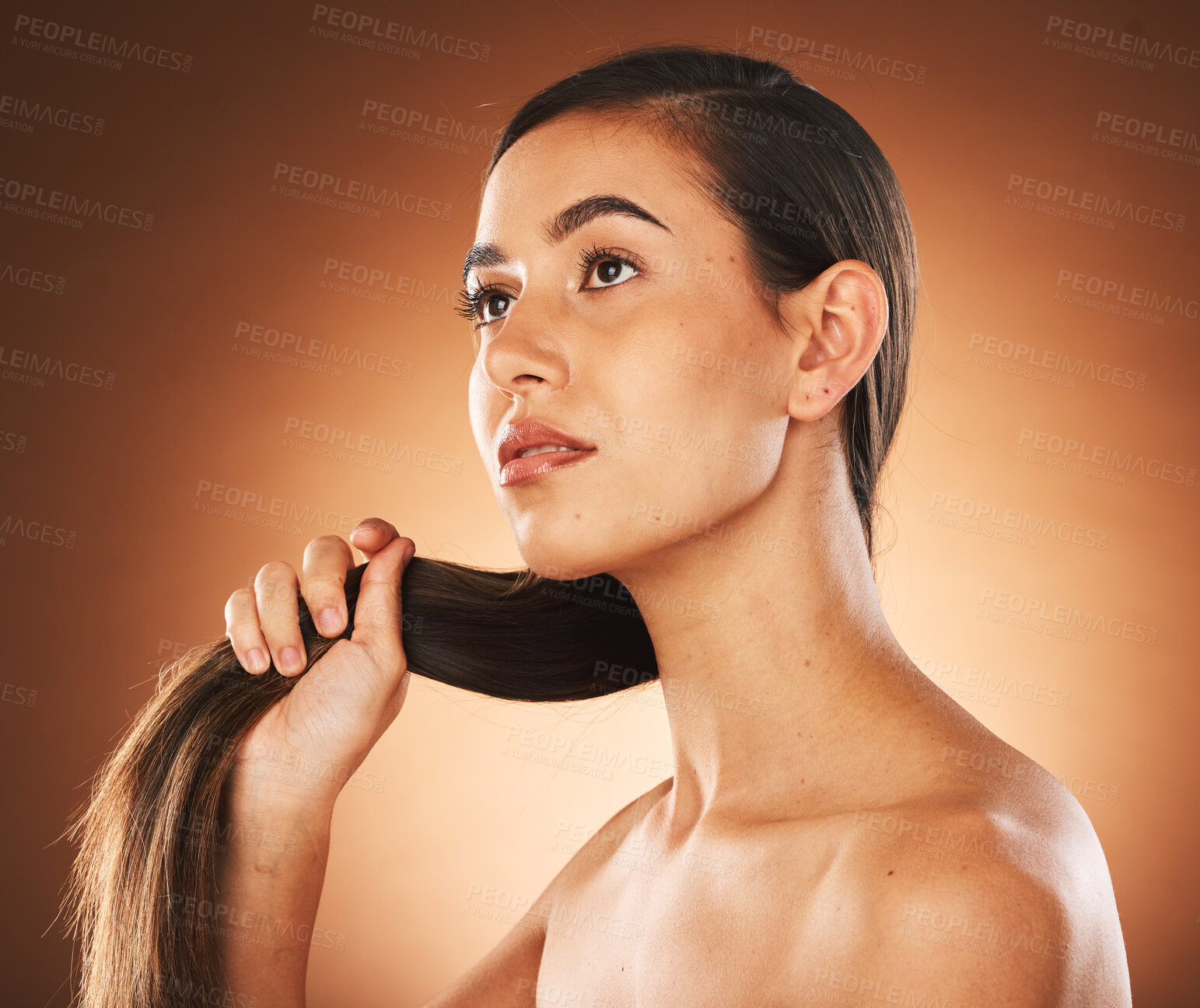 Buy stock photo Hair care, skincare and woman in studio for health, wellness and clean hair and face with cosmetic. Healthy, beauty and model from Mexico with natural facial or hairstyle by gradient brown background