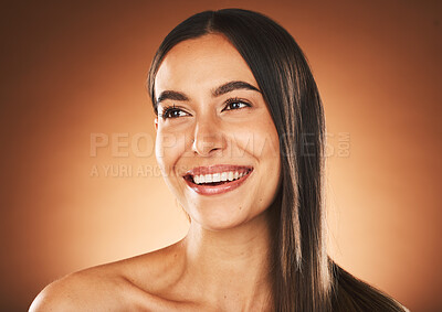 Buy stock photo Skincare, beauty and face of woman with smile in studio on brown background for spa, wellness and cosmetics. Makeup, dermatology and happy girl for beauty products, skincare products and body care