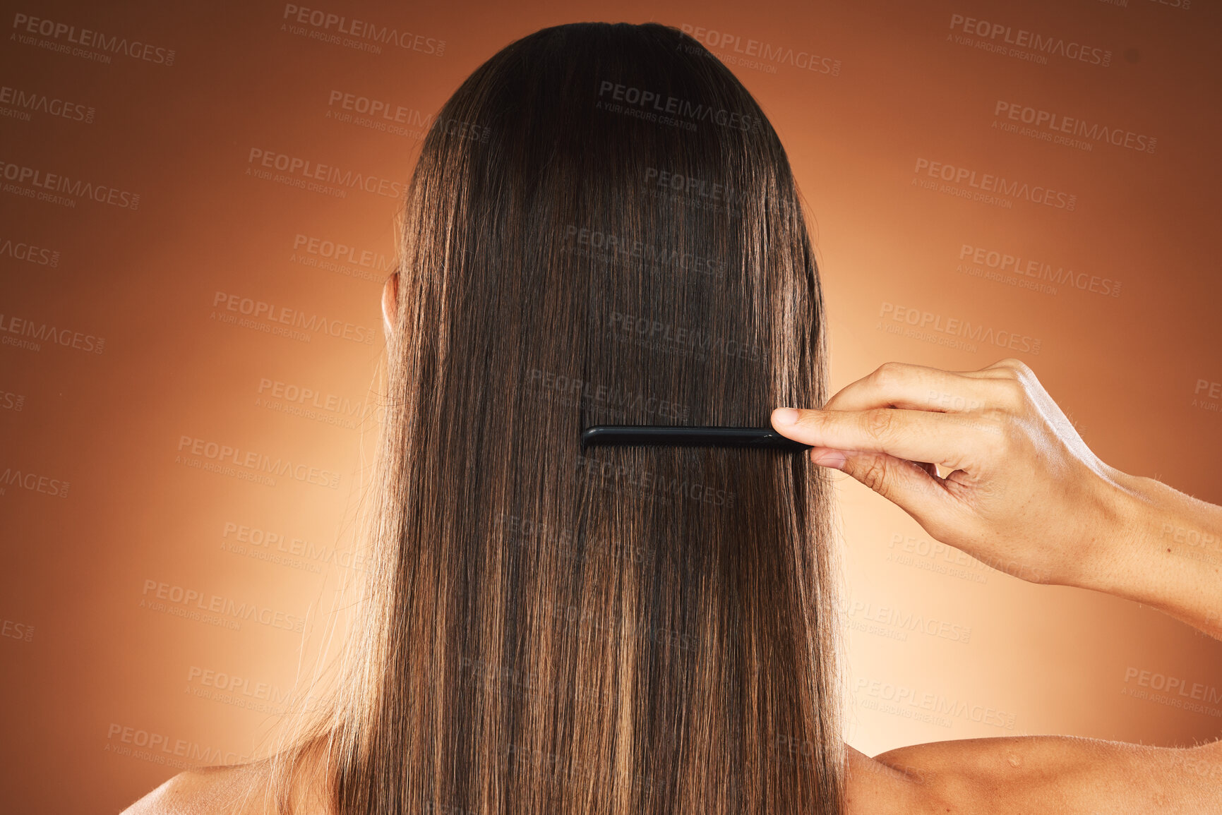 Buy stock photo Beauty, hair care and comb for maintenace, combing and self care routine with growth, shine and repair shampoo on a gradient background. Back of female for health, wellness and hairstyle in studio