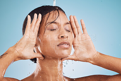 Buy stock photo Beauty, face and black woman in shower with water for skincare and hygiene, skin hydration and facial with treatment for grooming. Clean, cosmetics and skin care with hands frame, washing and fresh.