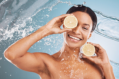 Buy stock photo Black woman, skincare and lemon cosmetic water splash for  vitamin c nutrition, citrus skin health and natural wellness.  Healthy model, happy face with a smile and girl advertising facial healthcare