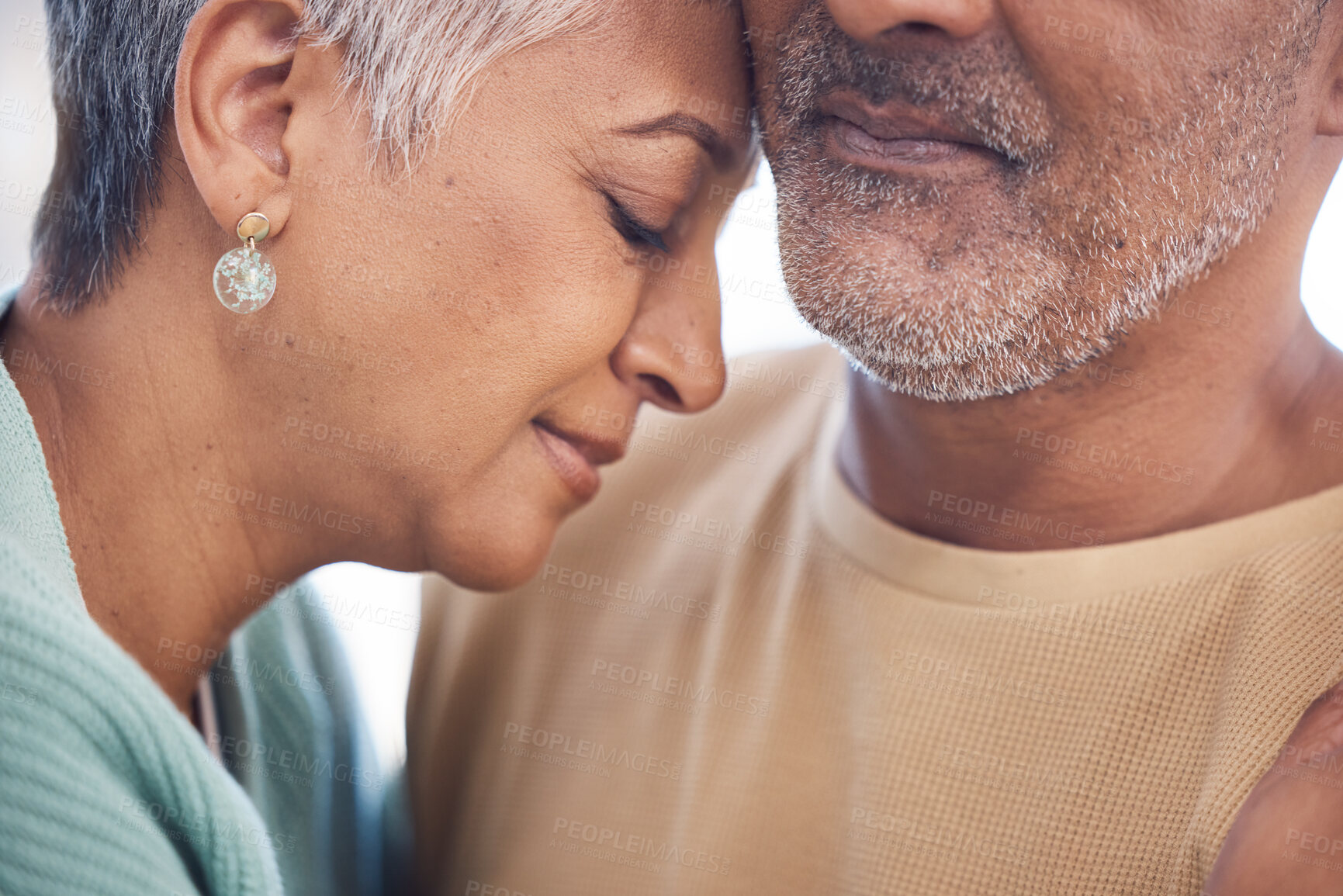 Buy stock photo Love, senior couple and hug together for romance, wellness and bonding for anniversary. Romantic, mature man and elderly woman being loving, embrace and affection for marriage, peace or relationship 