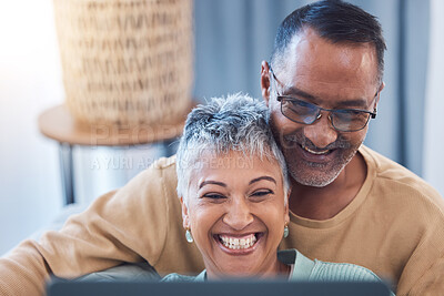 Buy stock photo Senior couple, happy and laptop while online streaming movie, show or comic video and laughing at meme using home wifi on social media. Face of man and woman in lounge to search internet for fun