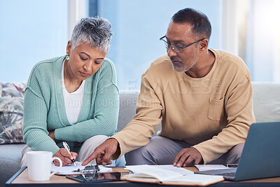 Buy stock photo Senior black couple, taxes and home with laptop, documents or focus in home for family finance. Elderly, woman and man with computer, tablet or notebook in audit, budget or planning on lounge sofa