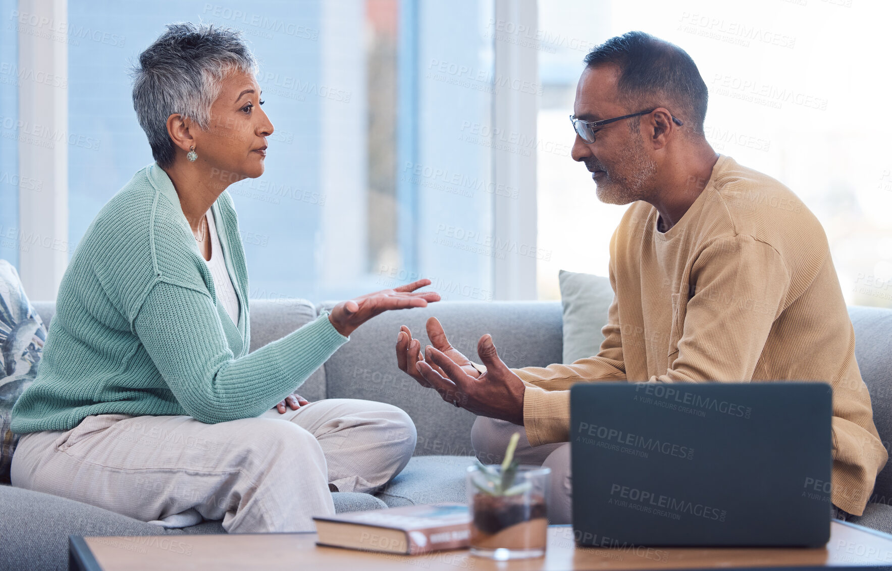 Buy stock photo Stress, marriage and mature couple fight or argue on living room sofa, debt and finance problem at home. Fintech, retirement and old couple in argument on couch, relationship and financial conflict.