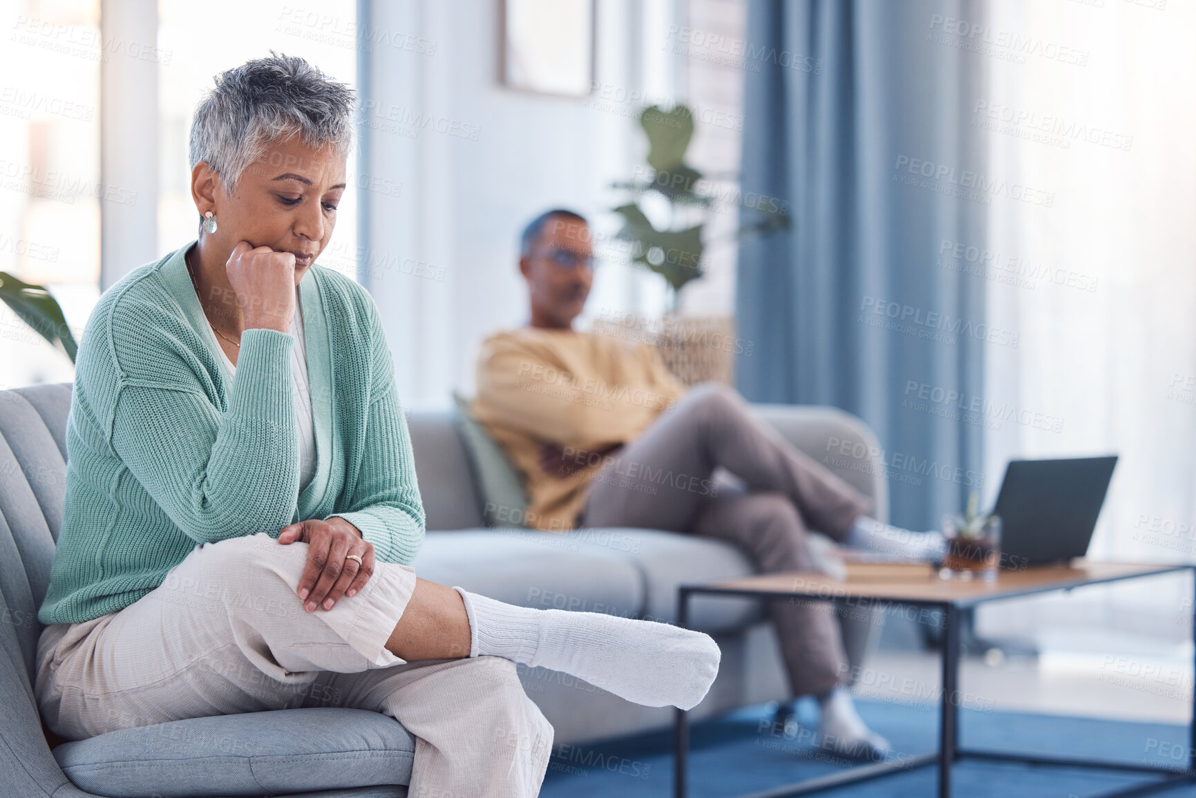 Buy stock photo Divorce, thinking and sad old couple in counseling after a fighting about money, debt or financial problems at home. Stressed, mental health and angry senior woman in therapy with marriage partner