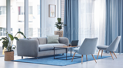 Buy stock photo Empty living room interior, furniture and sofa in home with plants, chairs and carpet, rug and laptop and book on table. Room, modern design or interior design of luxury apartment, house or property.