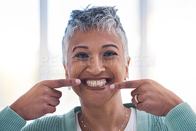 Buy stock photo Senior woman, smile and hands for teeth wellness or happy for healthy cleaning care. Elderly person, happiness portrait and dental healthcare or cosmetic facial care, tooth whitening and oral hygiene