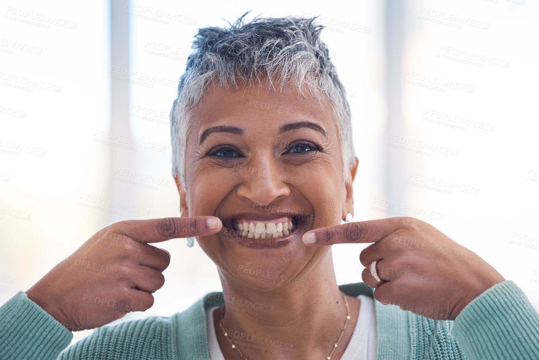 Buy stock photo Senior woman, smile and hands for teeth wellness or happy for healthy cleaning care. Elderly person, happiness portrait and dental healthcare or cosmetic facial care, tooth whitening and oral hygiene