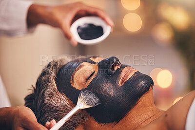 Buy stock photo Spa, skincare wellness and charcoal face mask or woman relax for luxury cosmetics therapy. Beauty salon, healthy skin detox and luxury salon treatment, zen facial cleaning or holistic dermatology 
