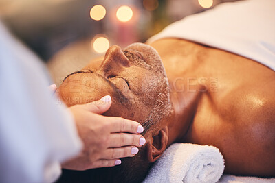 Buy stock photo Hands, old man and head massage at spa for wellness, relax and health. Bokeh, peace and zen with elderly male on massage table with masseuse for stress relief, facial treatment or physical therapy.