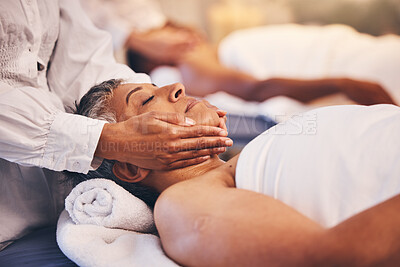 Buy stock photo Spa, facial and massage of senior woman for peace, relaxation and wellness procedure lifestyle. Health, physical therapy and masseuse at luxury resort massaging client on salon treatment bed.

