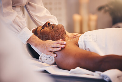 Buy stock photo Spa, physiotherapy or hands massage old man to relax the body, mind or shoulders on a physical therapy table. Luxury, peace and zen masseuse helping a senior or elderly client with stress relief