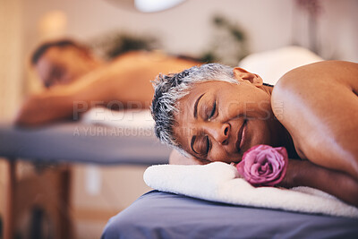 Buy stock photo Relax, couple and massage at a spa for senior people on a table for wellness, zen and skincare treatment. Peace, luxury and senior woman happy with flower, aromatherapy and relaxation in Thailand